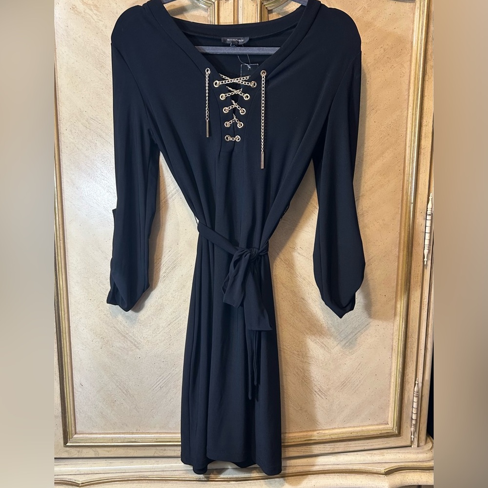 Spense Sexy Black Belted Tab Sleeve Gold Grommet Chain Tie Front Dress NWT NEW